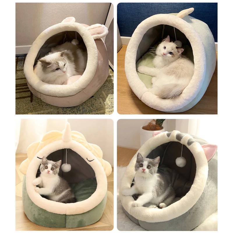 Cozy Cat Bed with Cartoon Ears - Foldable & Washable