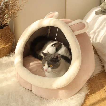 Cozy Cat Bed with Cartoon Ears - Foldable & Washable