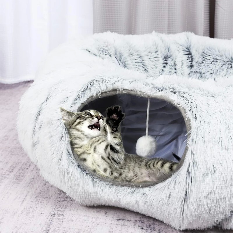 Cozy Plush Cat Tunnel Bed - Foldable Two-in-One Warm Nest