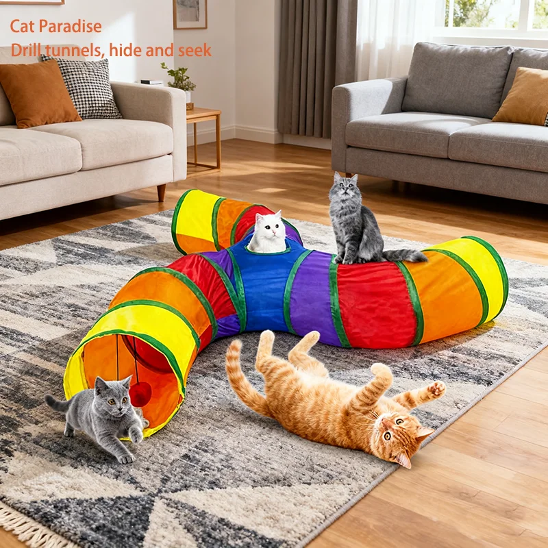 Rainbow Cat Tunnel - Collapsible Interactive Play Tube for Kittens