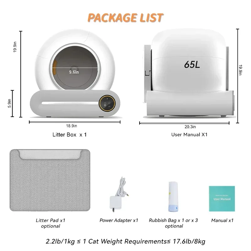 Smart 65L Self-Cleaning Cat Litter Box with App Control